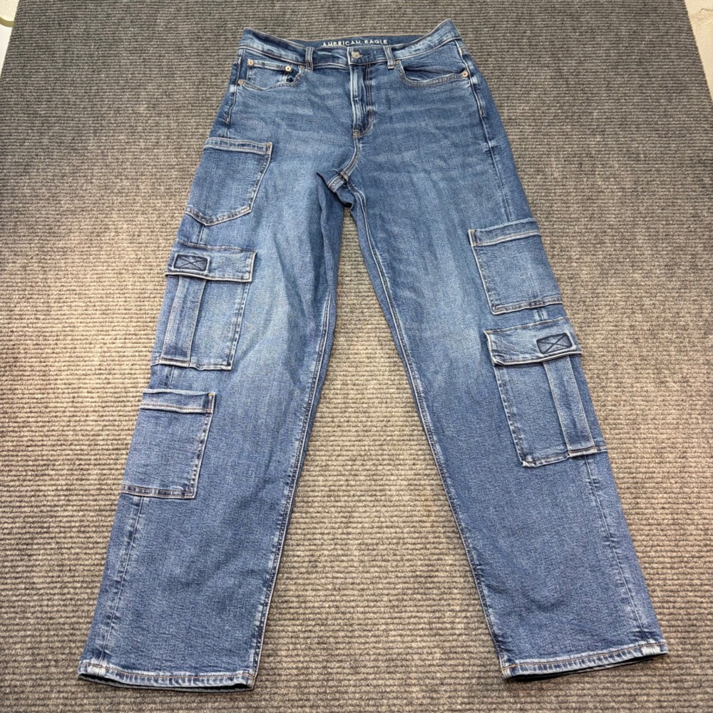 American Eagle Super High Rise Baggy Straight Cargo Jeans Blue Womens 8 Regular
